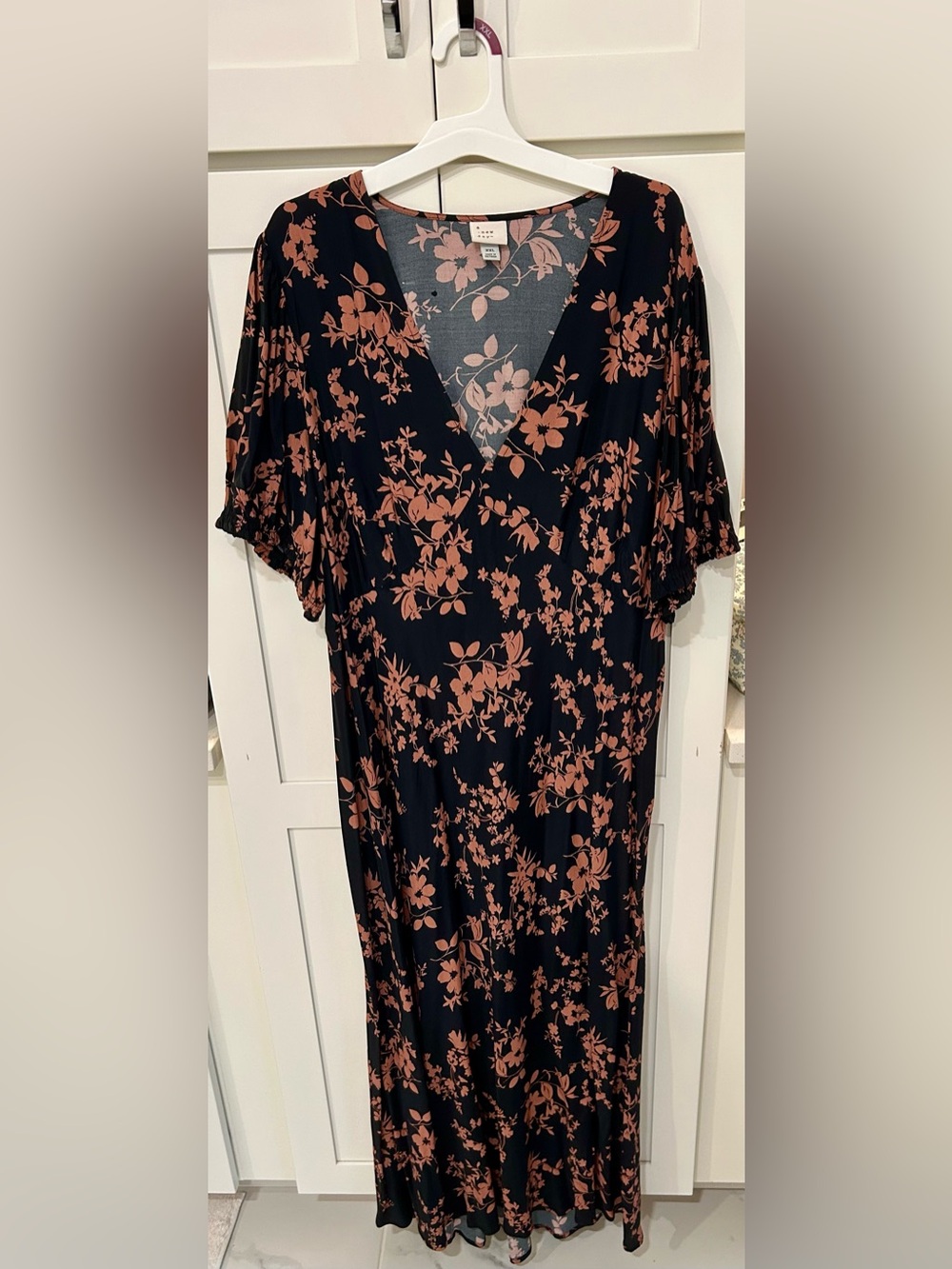 A New Day Black Puff Sleeve Midi Dress with Rust Floral Pattern